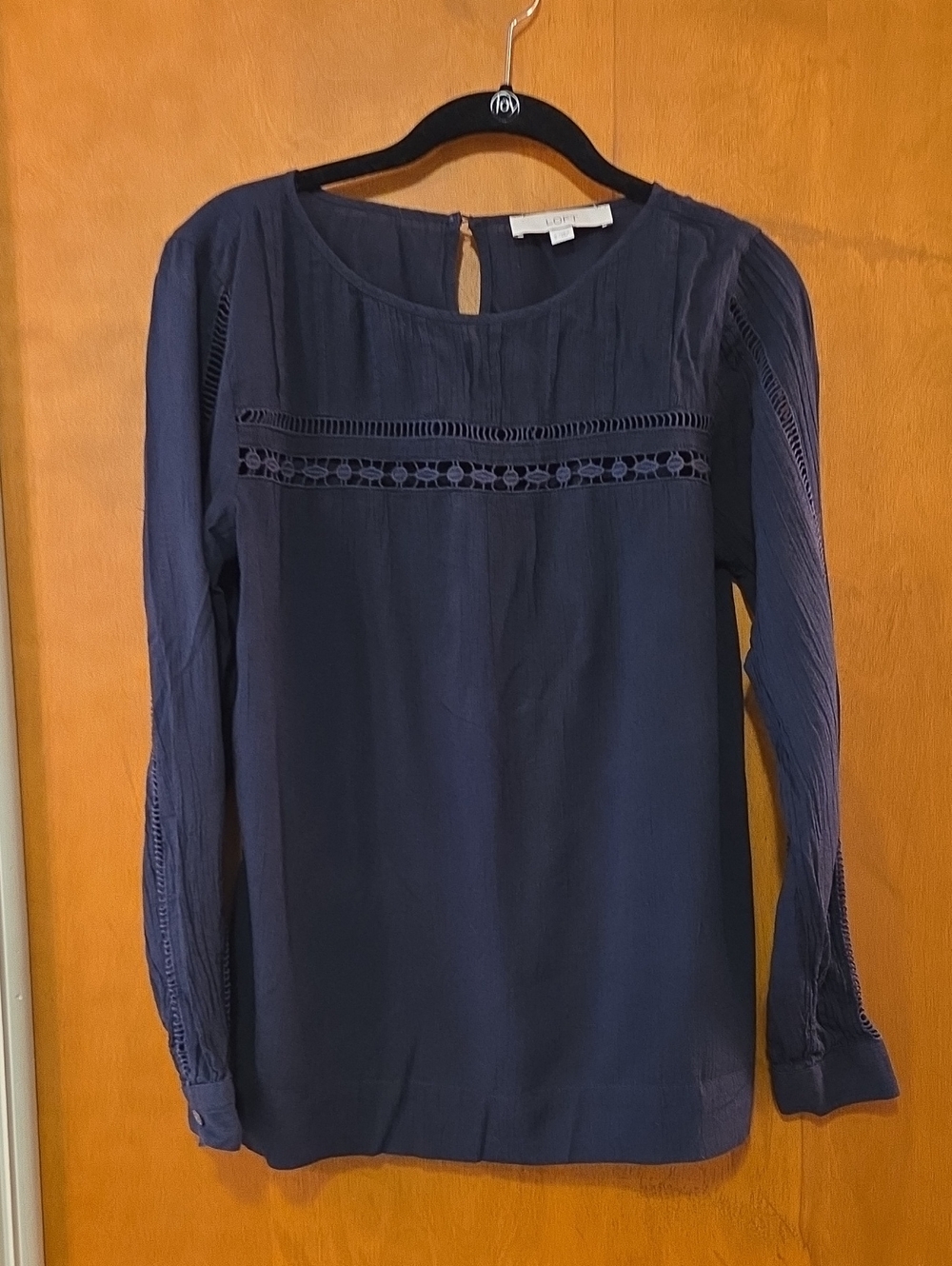 LOFT Navy Long-Sleeve Lace-Trim Top S